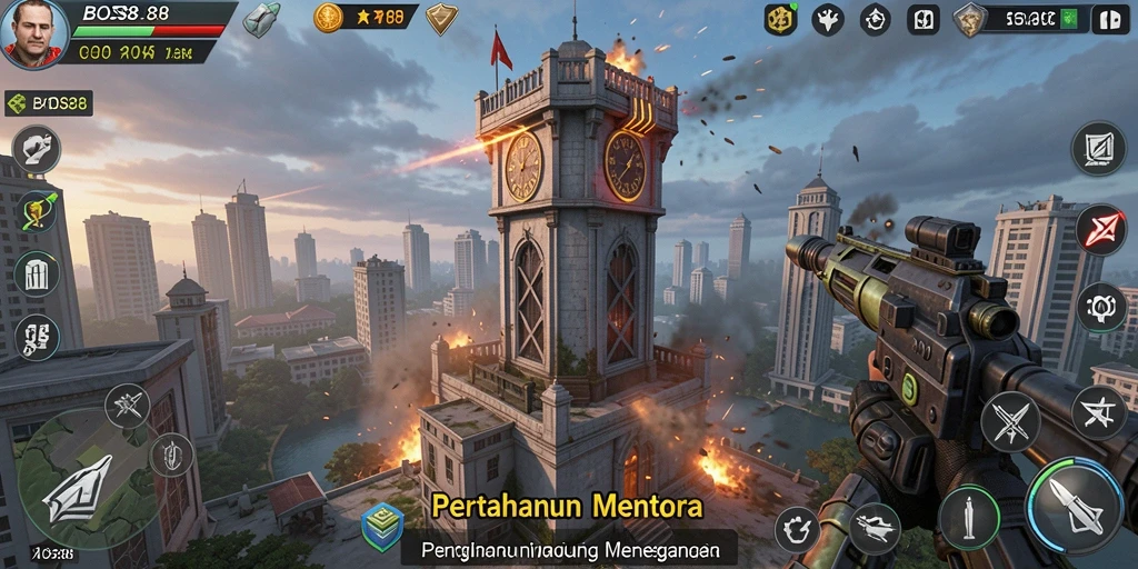Tampilan gameplay menegangkan dalam BOS88 saat mempertahankan menara dari serangan musuh.