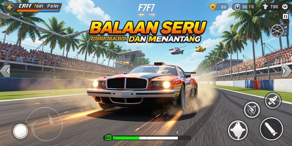 Gameplay F7F7 menunjukkan aksi balapan yang mendebarkan dan beragam mobil.