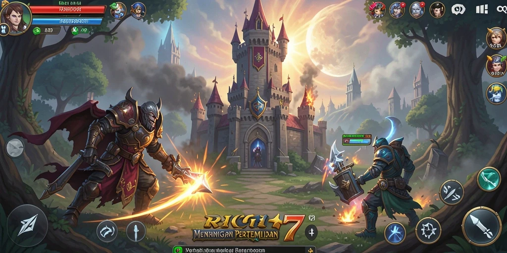 Gameplay RICH7 menampilkan pertarungan menara yang seru dan strategis.