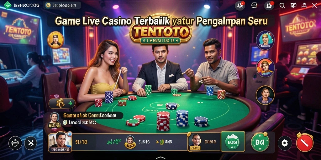 Screenshot TENTOTO menunjukkan dealer dan tabel permainan Live Casino yang interaktif.