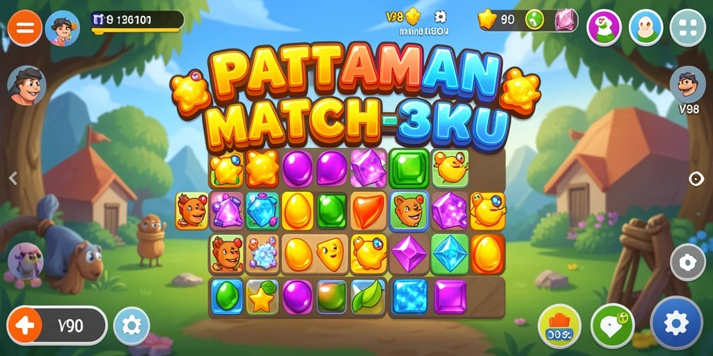 Tangkapan layar utama V98 menunjukkan gameplay Match-3 yang menarik dan penuh warna.