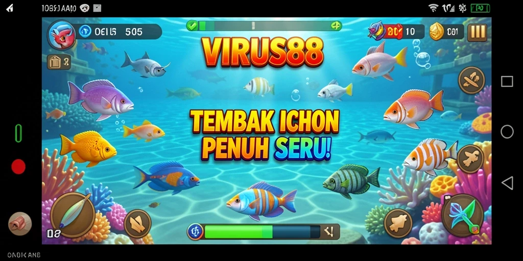 Tampilan gameplay menarik dari VIRUS88 saat menangkap berbagai ikan.